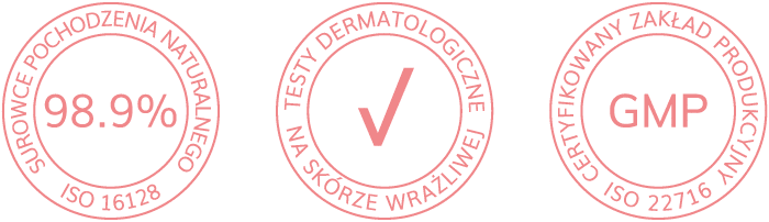 98,9% surowców pochodzenia naturalnego, testowany dermatologicznie na skórze wrażliwej, certyfikowany zakład produkcyjny
